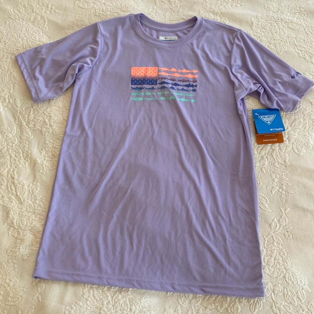 Columbia PFG Omni-shade  Omni-wick youth XL lavender SPF shirt with fish flag